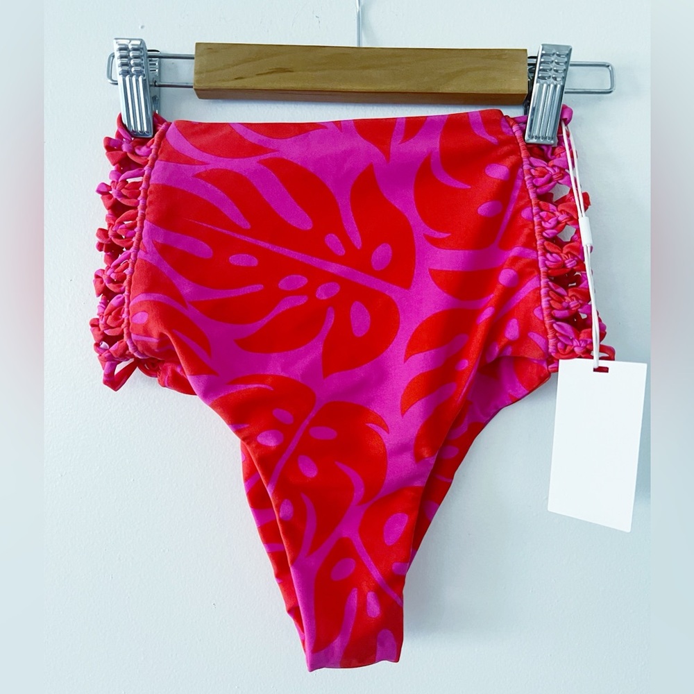 Mikoh Africa Pink and Red Macrame High Waisted Bikini Bottom